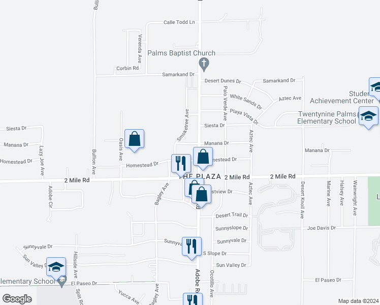 map of restaurants, bars, coffee shops, grocery stores, and more near 5654 Adobe Road in Twentynine Palms