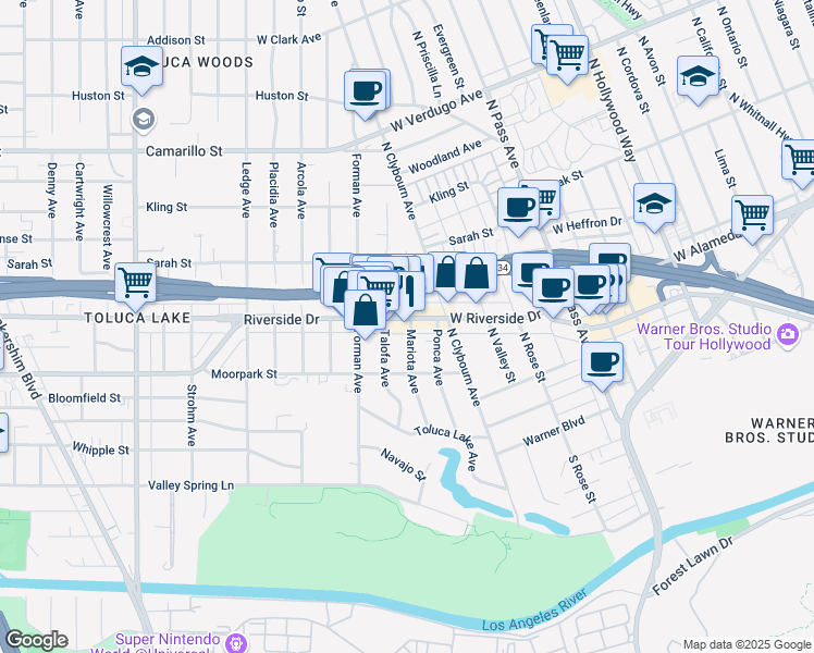 map of restaurants, bars, coffee shops, grocery stores, and more near 10120 Riverside Drive in Los Angeles