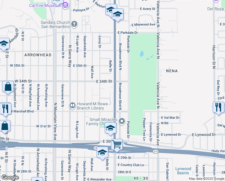 map of restaurants, bars, coffee shops, grocery stores, and more near 3347 Belle Street in San Bernardino