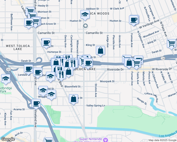 map of restaurants, bars, coffee shops, grocery stores, and more near 10550 Riverside Drive in Los Angeles