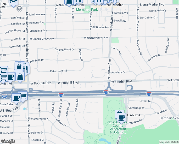 map of restaurants, bars, coffee shops, grocery stores, and more near 753 Carriage House Drive in Arcadia