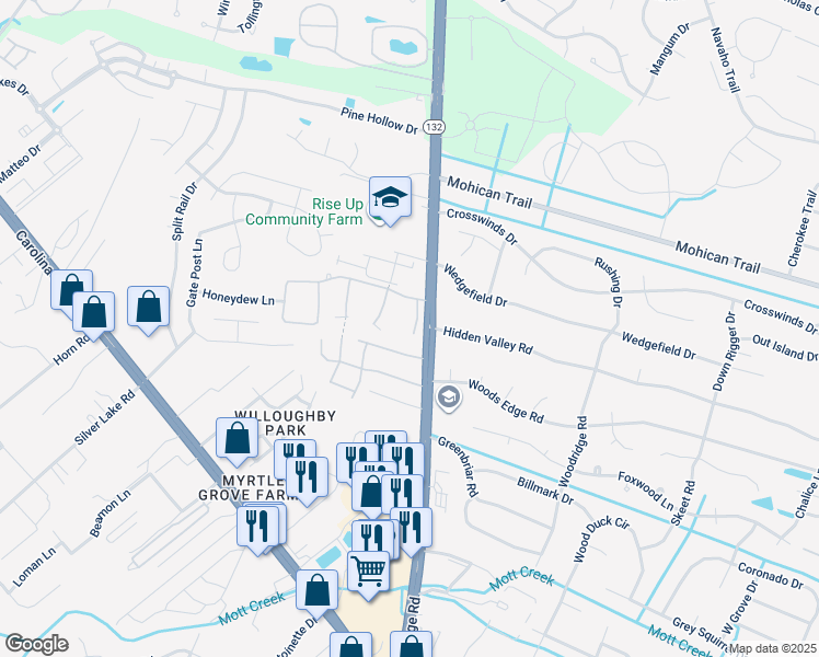 map of restaurants, bars, coffee shops, grocery stores, and more near 4668 Still Meadow Drive in Wilmington