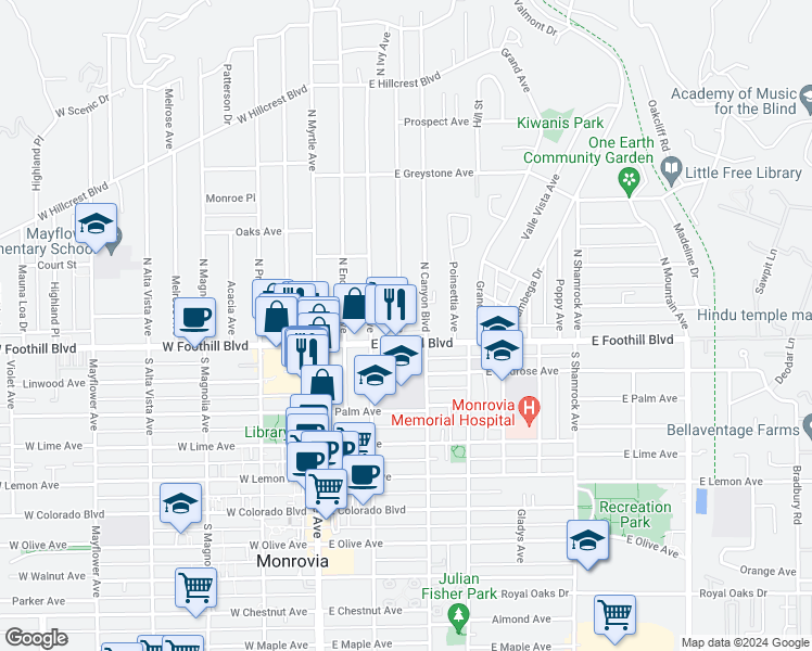 map of restaurants, bars, coffee shops, grocery stores, and more near 116 May Avenue in Monrovia