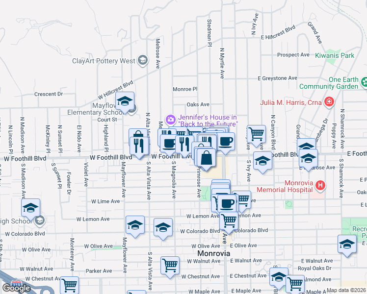 map of restaurants, bars, coffee shops, grocery stores, and more near 119 Acacia Avenue in Monrovia