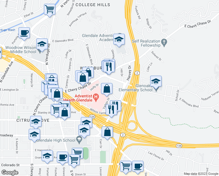 map of restaurants, bars, coffee shops, grocery stores, and more near 1702 Orchard Avenue in Glendale