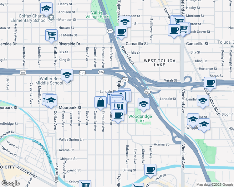 map of restaurants, bars, coffee shops, grocery stores, and more near 4461 Tujunga Avenue in Los Angeles