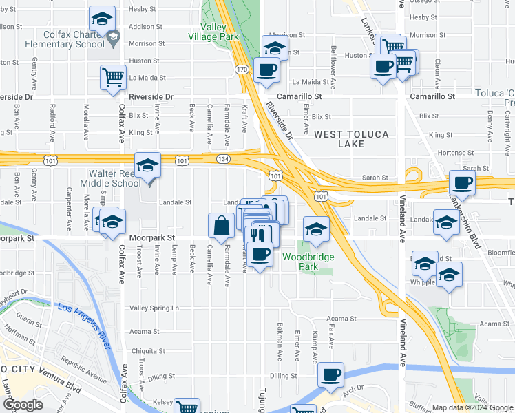 map of restaurants, bars, coffee shops, grocery stores, and more near 4461 Tujunga Avenue in Los Angeles