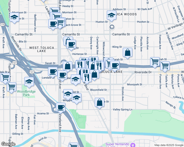 map of restaurants, bars, coffee shops, grocery stores, and more near 10738 Riverside Drive in Los Angeles