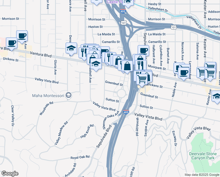 map of restaurants, bars, coffee shops, grocery stores, and more near 15451 Varden Street in Los Angeles