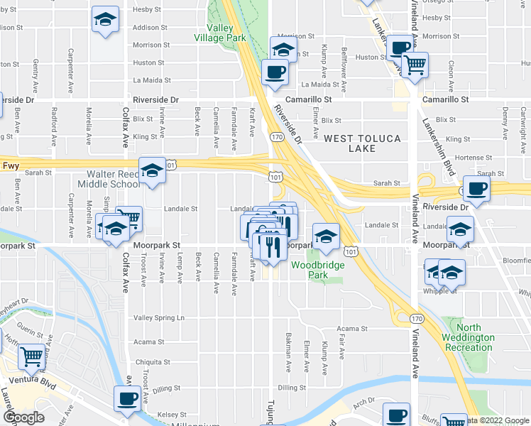 map of restaurants, bars, coffee shops, grocery stores, and more near 4458 Kraft Avenue in Los Angeles