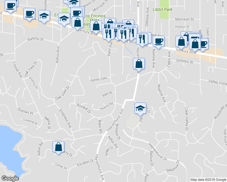 map of restaurants, bars, coffee shops, grocery stores, and more near 4439 Petit Avenue in Los Angeles