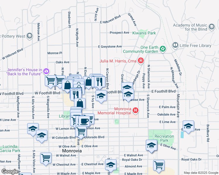 map of restaurants, bars, coffee shops, grocery stores, and more near 116 North Canyon Boulevard in Monrovia