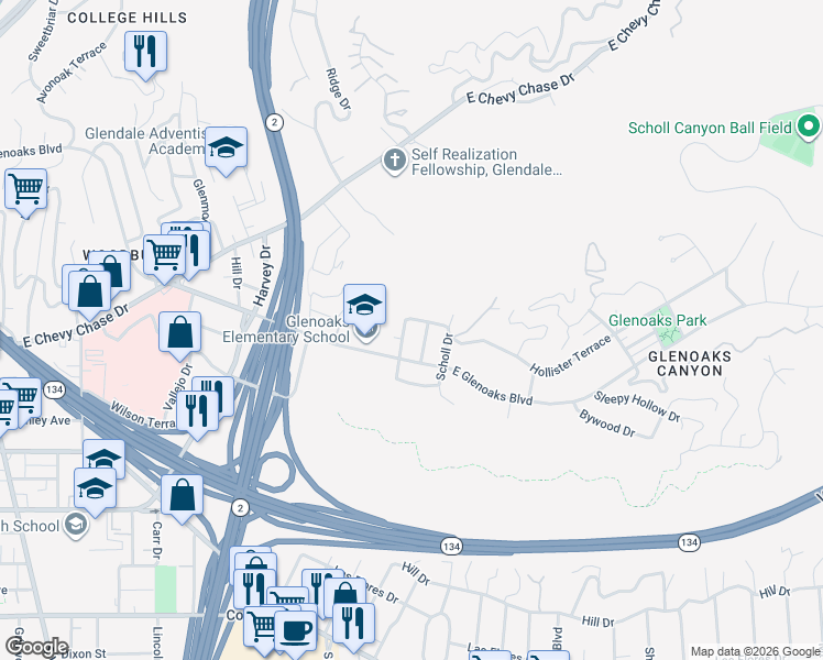 map of restaurants, bars, coffee shops, grocery stores, and more near 426 Waltonia Dr in Glendale