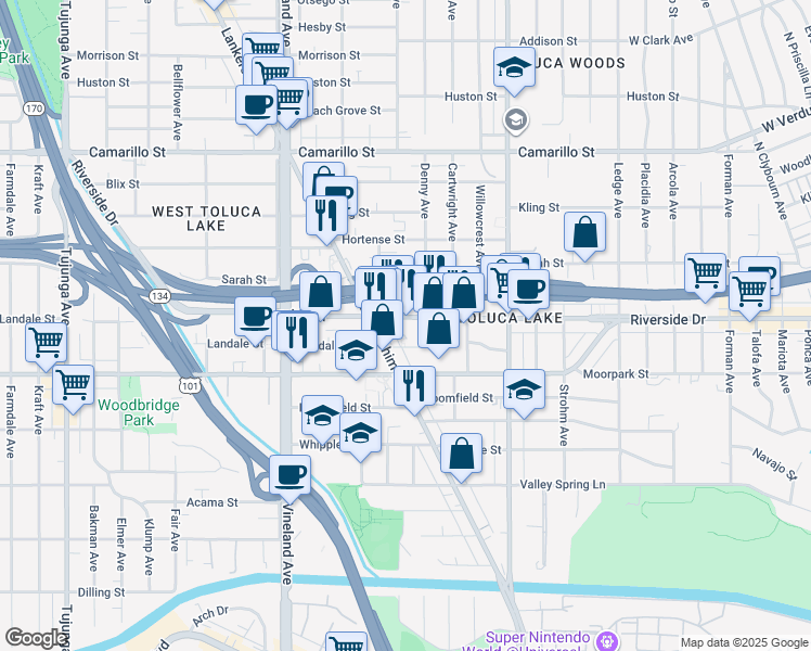 map of restaurants, bars, coffee shops, grocery stores, and more near 10760 Riverside Drive in Los Angeles