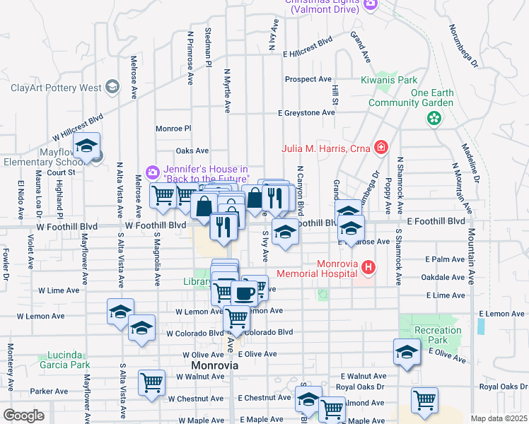 map of restaurants, bars, coffee shops, grocery stores, and more near 115 North Ivy Avenue in Monrovia