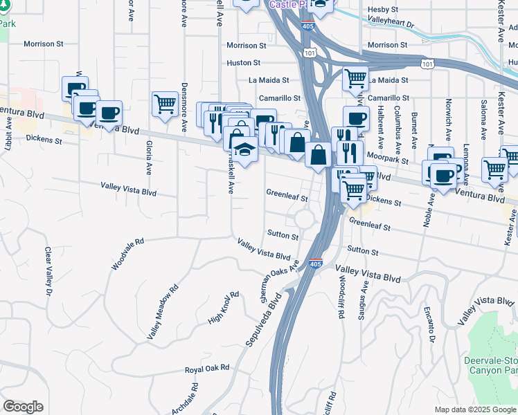 map of restaurants, bars, coffee shops, grocery stores, and more near 4439 Firmament Avenue in Los Angeles