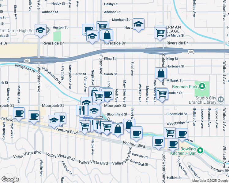 map of restaurants, bars, coffee shops, grocery stores, and more near 4455 Atoll Avenue in Los Angeles