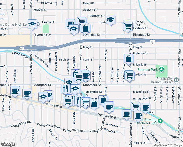 map of restaurants, bars, coffee shops, grocery stores, and more near 4455 Atoll Avenue in Los Angeles