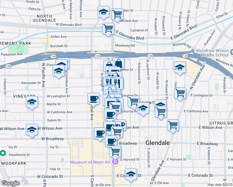 map of restaurants, bars, coffee shops, grocery stores, and more near 166e East Milford Street in Glendale