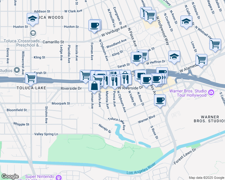 map of restaurants, bars, coffee shops, grocery stores, and more near 10050 West Riverside Drive in Los Angeles