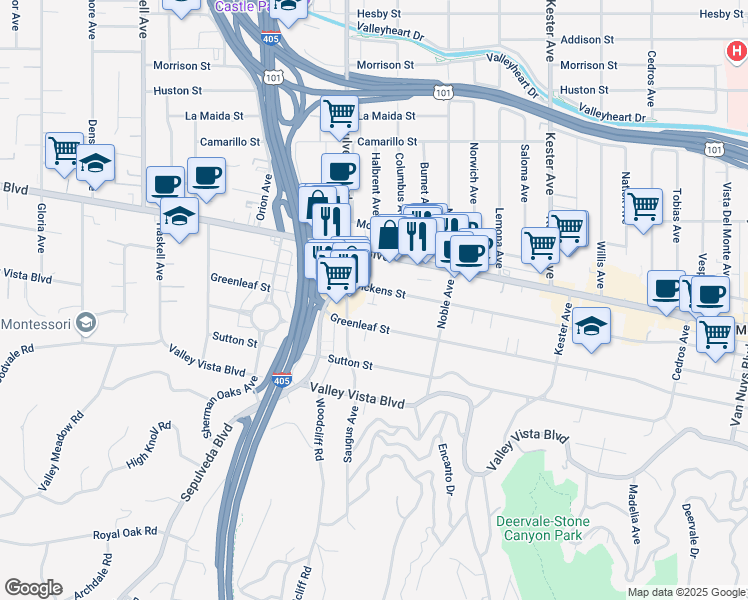 map of restaurants, bars, coffee shops, grocery stores, and more near 14439 1/2 Dickens Street in Los Angeles
