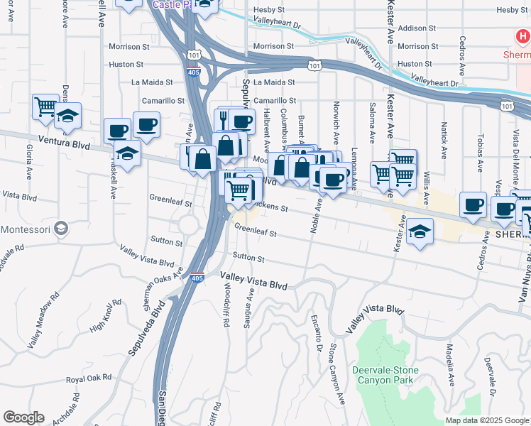 map of restaurants, bars, coffee shops, grocery stores, and more near Dickens Street in Los Angeles
