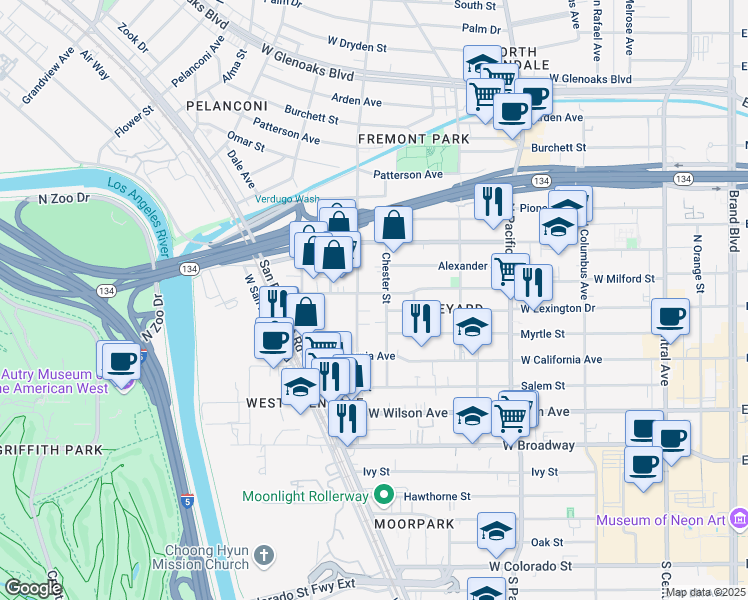 map of restaurants, bars, coffee shops, grocery stores, and more near 710 West Milford Street in Glendale