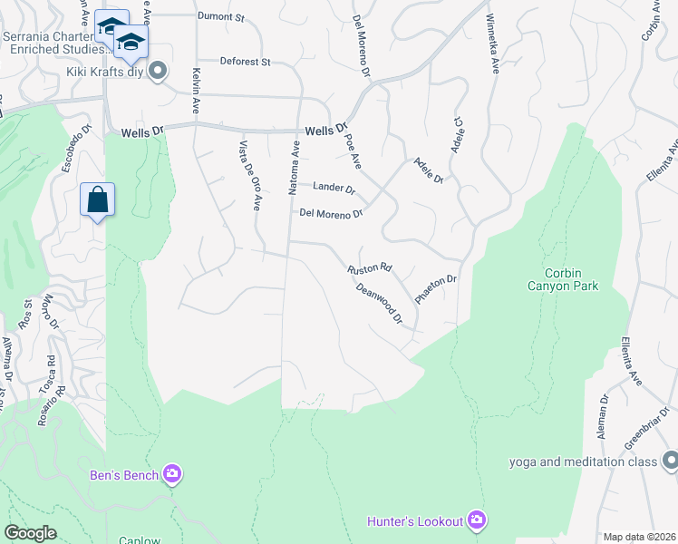 map of restaurants, bars, coffee shops, grocery stores, and more near 20318 Ruston Road in Los Angeles