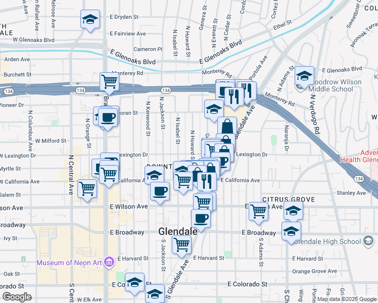 map of restaurants, bars, coffee shops, grocery stores, and more near 401 North Howard Street in Glendale