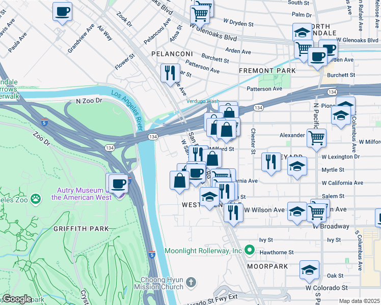 map of restaurants, bars, coffee shops, grocery stores, and more near 5420 West San Fernando Road in Los Angeles