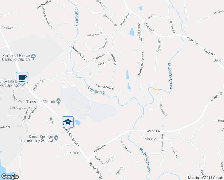 map of restaurants, bars, coffee shops, grocery stores, and more near 5558 Chestnut Creek Lane in Flowery Branch