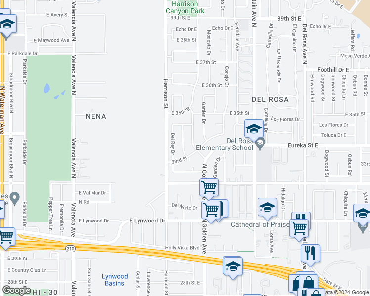 map of restaurants, bars, coffee shops, grocery stores, and more near 3317 North Alameda Avenue in San Bernardino