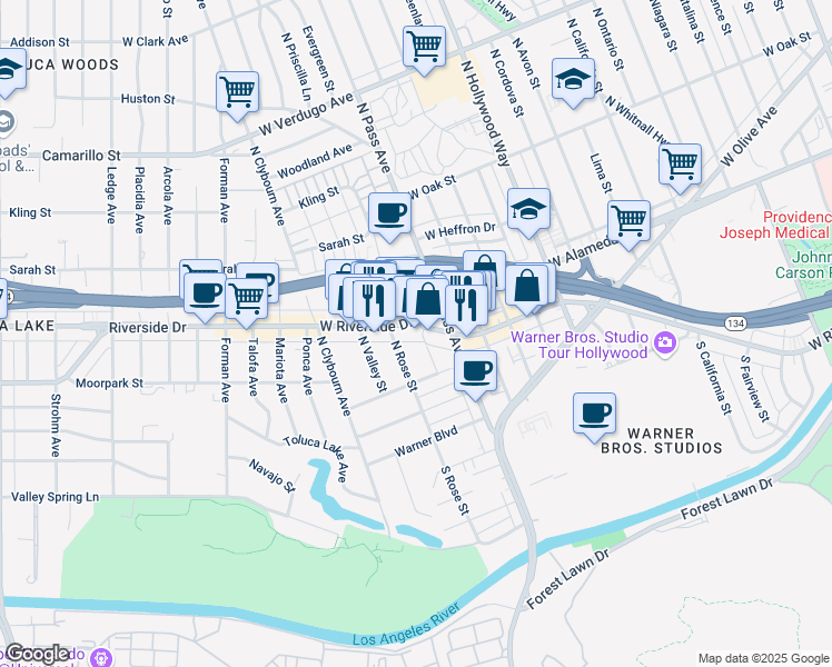 map of restaurants, bars, coffee shops, grocery stores, and more near 4200 West Riverside Drive in Burbank