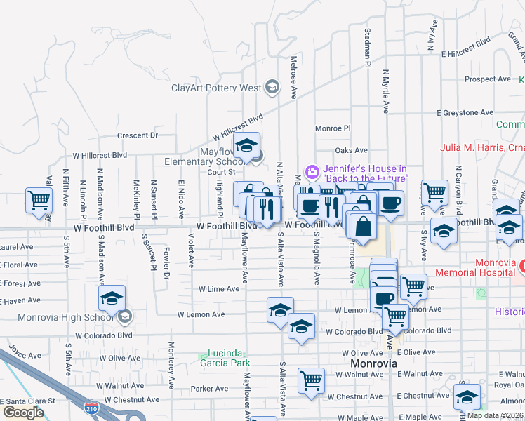 map of restaurants, bars, coffee shops, grocery stores, and more near in Monrovia
