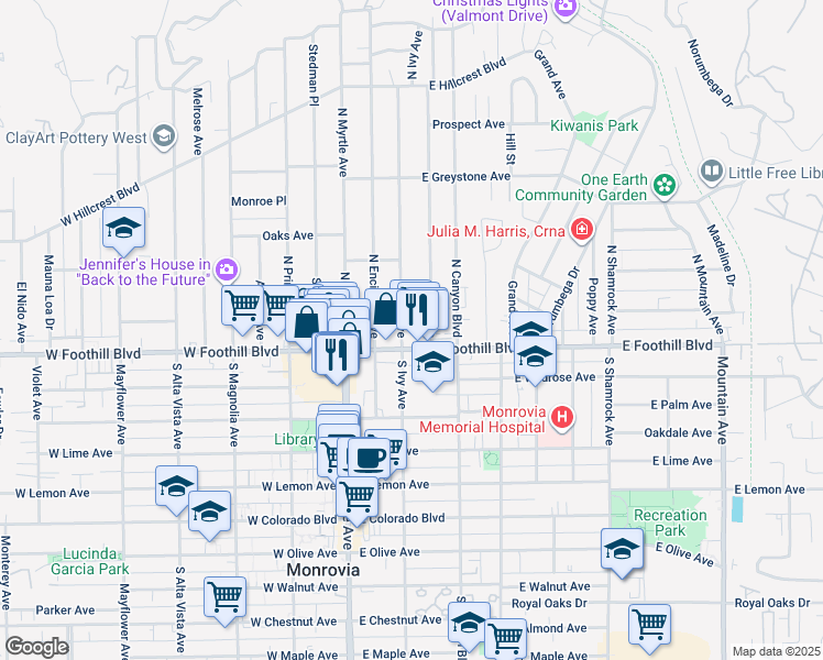 map of restaurants, bars, coffee shops, grocery stores, and more near 115 North Ivy Avenue in Monrovia