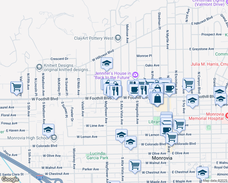 map of restaurants, bars, coffee shops, grocery stores, and more near 117 North Alta Vista Avenue in Monrovia