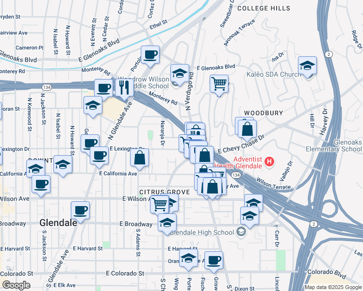 map of restaurants, bars, coffee shops, grocery stores, and more near 1301 East Lexington Drive in Glendale