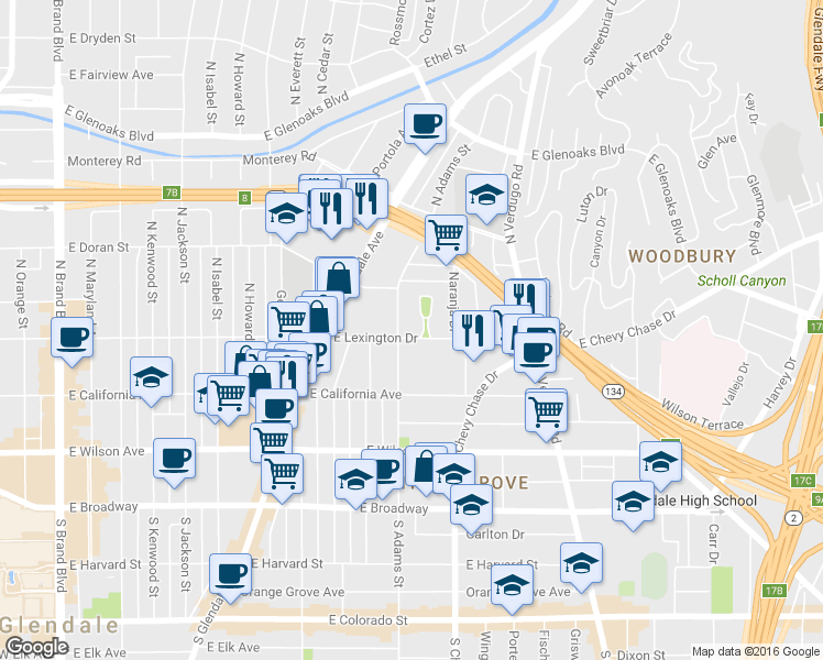 map of restaurants, bars, coffee shops, grocery stores, and more near 1021 East Lexington Drive in Glendale