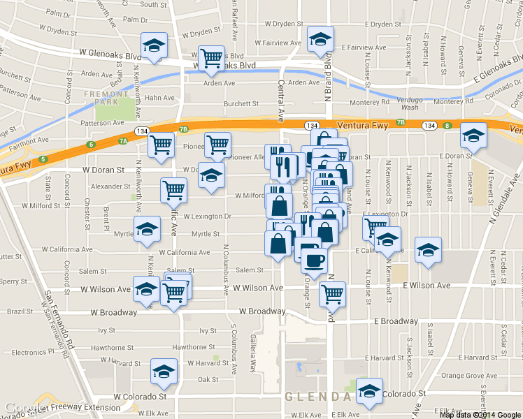 map of restaurants, bars, coffee shops, grocery stores, and more near 405 North Central Avenue in Glendale