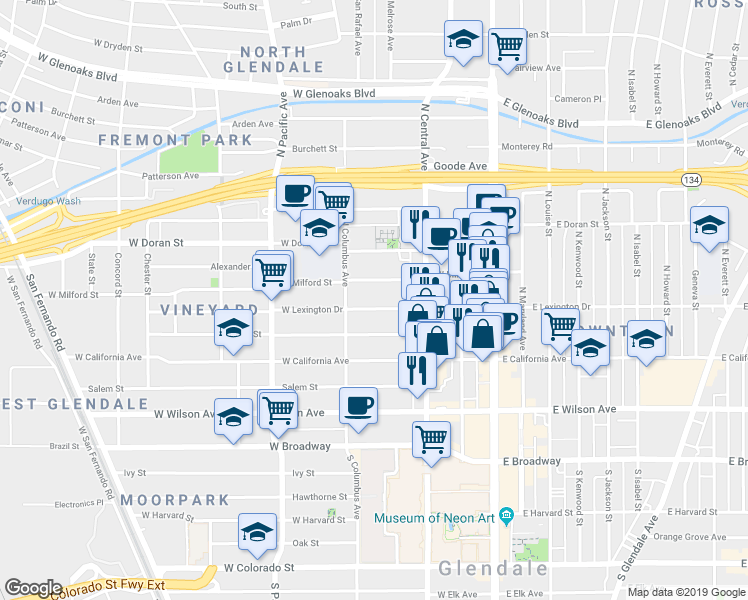 map of restaurants, bars, coffee shops, grocery stores, and more near 349 West Lexington Drive in Glendale