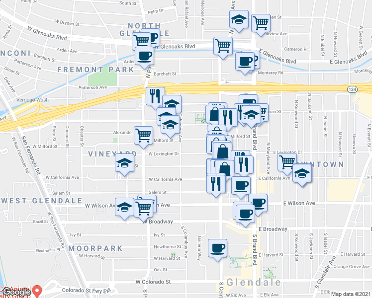 map of restaurants, bars, coffee shops, grocery stores, and more near 401 North Orange Street in Glendale