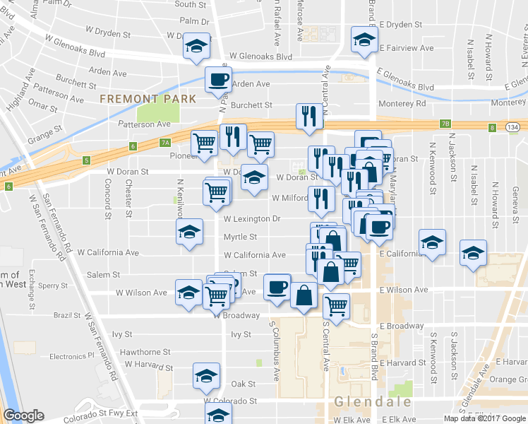 map of restaurants, bars, coffee shops, grocery stores, and more near 401 North Orange Street in Glendale
