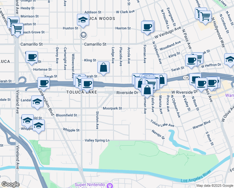 map of restaurants, bars, coffee shops, grocery stores, and more near 4450 Placidia Avenue in Los Angeles