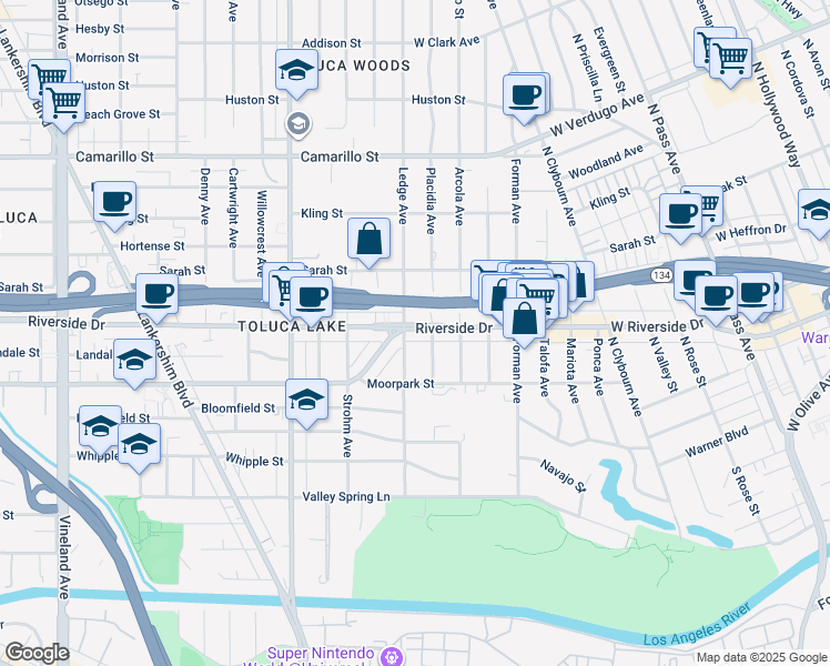 map of restaurants, bars, coffee shops, grocery stores, and more near 4450 Placidia Avenue in Los Angeles