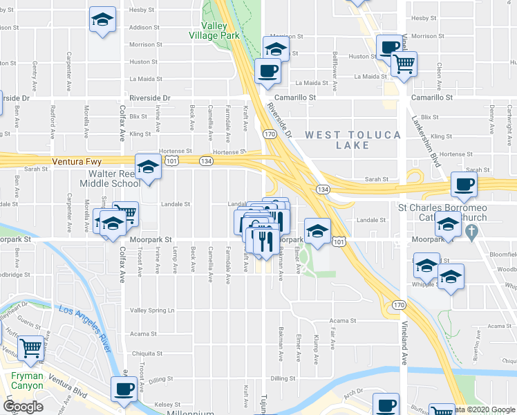 map of restaurants, bars, coffee shops, grocery stores, and more near 4458 Kraft Avenue in Los Angeles