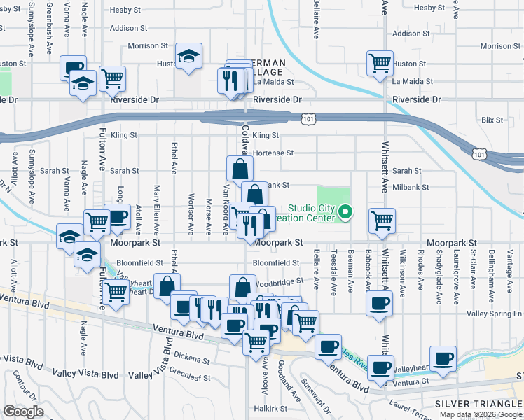map of restaurants, bars, coffee shops, grocery stores, and more near 12847 Landale Street in Los Angeles