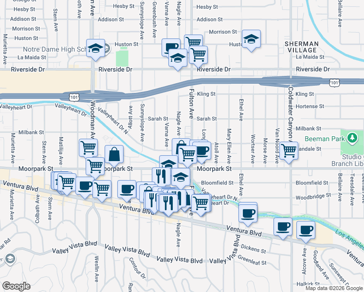 map of restaurants, bars, coffee shops, grocery stores, and more near 4506 Nagle Avenue in Los Angeles