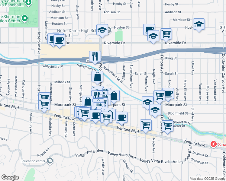 map of restaurants, bars, coffee shops, grocery stores, and more near 4469 Ventura Canyon Avenue in Los Angeles