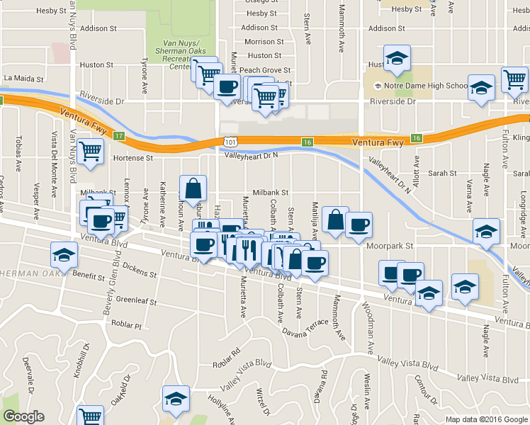 map of restaurants, bars, coffee shops, grocery stores, and more near 4455 Colbath Avenue in Los Angeles