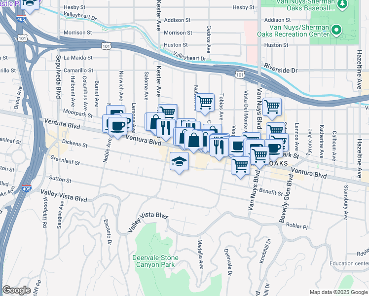 map of restaurants, bars, coffee shops, grocery stores, and more near Ventura Blvd & Willis Ave in Los Angeles